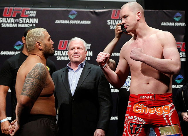 SAITAMA, JAPAN - MARCH 02: (L-R) Opponents Mark Hunt and Stefan Struve face off during the UFC on FUEL TV weigh-in at Saitama Super Arena on March 2, 2013 in Saitama, Japan. (Photo by Josh Hedges/Zuffa LLC/Zuffa LLC via Getty Images)