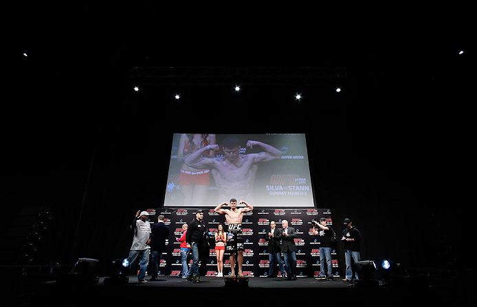 SAITAMA, JAPAN - MARCH 02: Brian Stann weighs in during the UFC on FUEL TV weigh-in at Saitama Super Arena on March 2, 2013 in Saitama, Japan. (Photo by Josh Hedges/Zuffa LLC/Zuffa LLC via Getty Images)