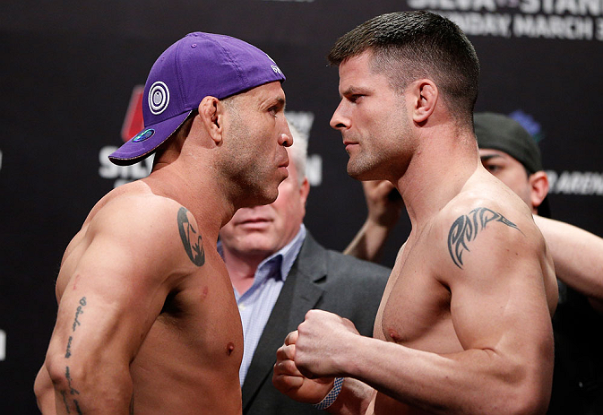 SAITAMA, JAPAN - MARCH 02: (L-R) Opponents Wanderlei Silva and Brian Stann face off during the UFC on FUEL TV weigh-in at Saitama Super Arena on March 2, 2013 in Saitama, Japan. (Photo by Josh Hedges/Zuffa LLC/Zuffa LLC via Getty Images)