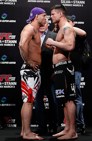 SAITAMA, JAPAN - MARCH 02: (L-R) Opponents Wanderlei Silva and Brian Stann face off during the UFC on FUEL TV weigh-in at Saitama Super Arena on March 2, 2013 in Saitama, Japan. (Photo by Josh Hedges/Zuffa LLC/Zuffa LLC via Getty Images)