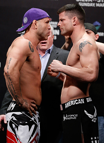 SAITAMA, JAPAN - MARCH 02: (L-R) Opponents Wanderlei Silva and Brian Stann face off during the UFC on FUEL TV weigh-in at Saitama Super Arena on March 2, 2013 in Saitama, Japan. (Photo by Josh Hedges/Zuffa LLC/Zuffa LLC via Getty Images)