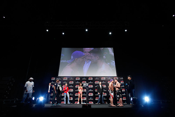SAITAMA, JAPAN - MARCH 02: A general view of the stage as opponents Wanderlei Silva (L) and Brian Stann (R) face off during the UFC on FUEL TV weigh-in at Saitama Super Arena on March 2, 2013 in Saitama, Japan. (Photo by Josh Hedges/Zuffa LLC/Zuffa LLC via Getty Images)
