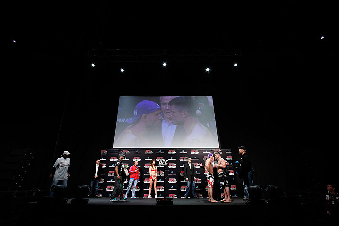 SAITAMA, JAPAN - MARCH 02: A general view of the stage as opponents Wanderlei Silva (L) and Brian Stann (R) face off during the UFC on FUEL TV weigh-in at Saitama Super Arena on March 2, 2013 in Saitama, Japan. (Photo by Josh Hedges/Zuffa LLC/Zuffa LLC via Getty Images)