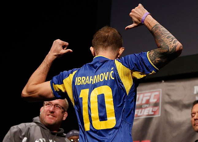 STOCKHOLM, SWEDEN - APRIL 05:  Benny Alloway wears a Zlatan Ibrahimovi&Auml;&Dagger; Swedish football jersey during the UFC weigh-in at the Ericsson Globe Arena on April 5, 2013 in Stockholm, Sweden.  (Photo by Josh Hedges/Zuffa LLC/Zuffa LLC via Getty Images)