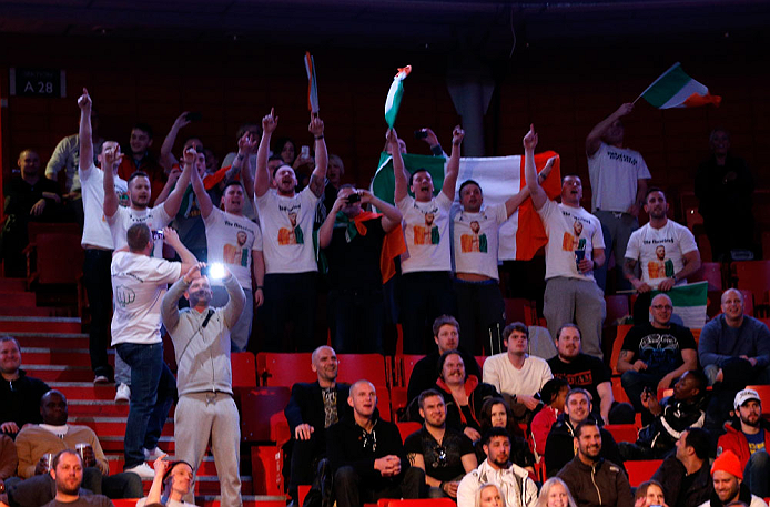 STOCKHOLM, SWEDEN - APRIL 05:  Irish fans chant in support of Conor McGregor during the UFC weigh-in at the Ericsson Globe Arena on April 5, 2013 in Stockholm, Sweden.  (Photo by Josh Hedges/Zuffa LLC/Zuffa LLC via Getty Images)