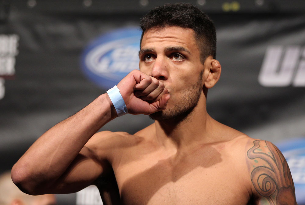 FAIRFAX, VA - MAY 14:  Rafael Dos Anjos makes weight during the UFC on Fuel TV official weigh in at Patriot Center on May 14, 2012 in Fairfax, Virginia.  (Photo by Josh Hedges/Zuffa LLC/Zuffa LLC via Getty Images)