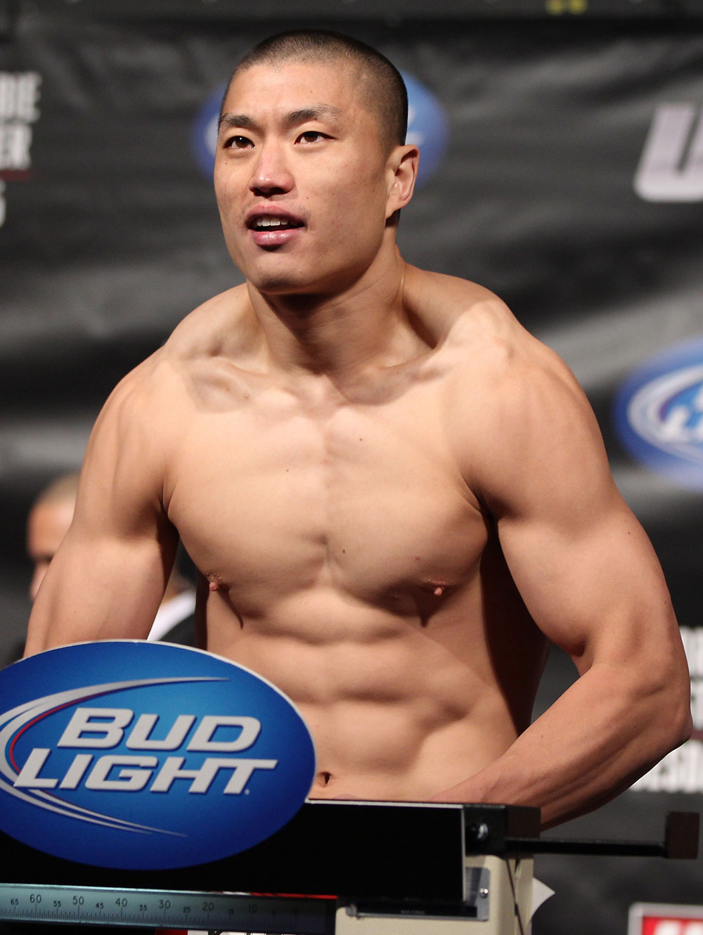 FAIRFAX, VA - MAY 14:  Dongi Yang makes weight during the UFC on Fuel TV official weigh in at Patriot Center on May 14, 2012 in Fairfax, Virginia.  (Photo by Josh Hedges/Zuffa LLC/Zuffa LLC via Getty Images)