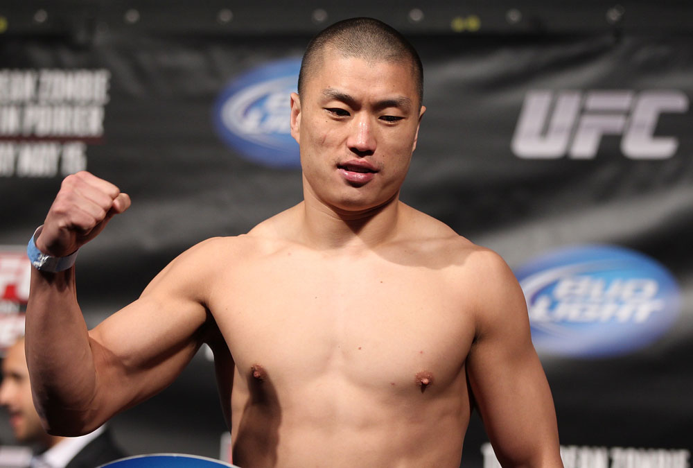 FAIRFAX, VA - MAY 14: Dongi Yang makes weight during the UFC on Fuel TV official weigh in at Patriot Center on May 14, 2012 in Fairfax, Virginia. (Photo by Josh Hedges/Zuffa LLC/Zuffa LLC via Getty Images)