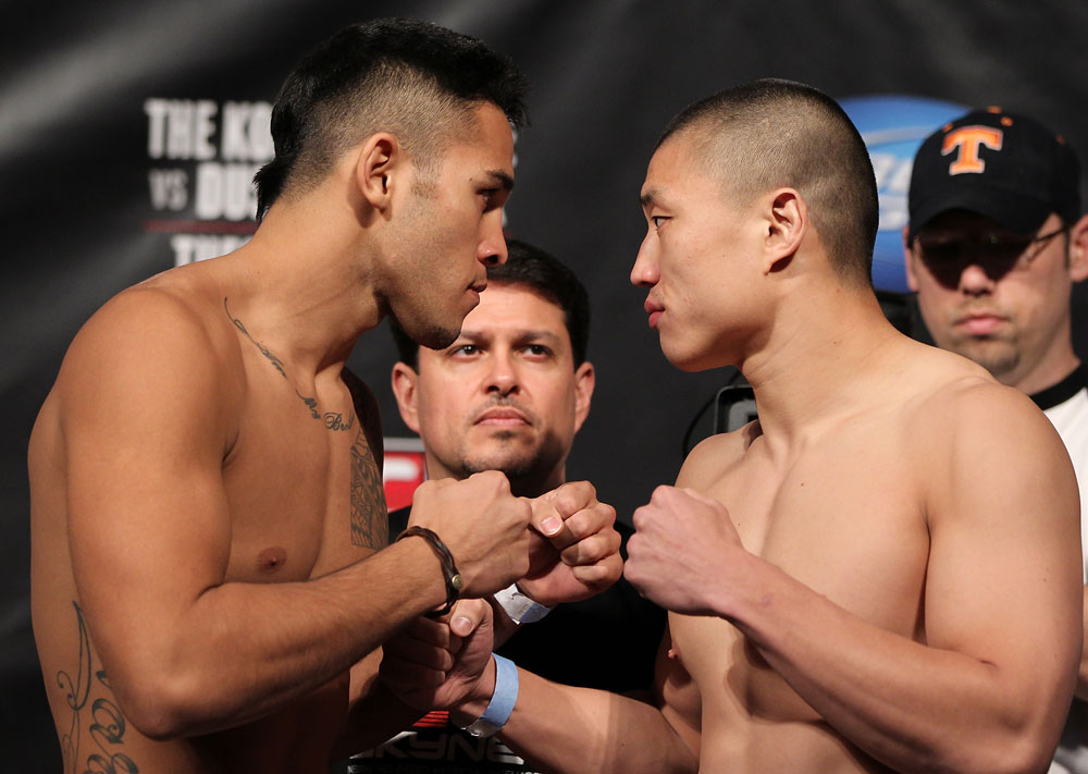 FAIRFAX, VA - MAY 14: (L-R) Opponents Brad Tavares and Dongi Yang face off after weighing in during the UFC on Fuel TV official weigh in at Patriot Center on May 14, 2012 in Fairfax, Virginia. (Photo by Josh Hedges/Zuffa LLC/Zuffa LLC via Getty Images)