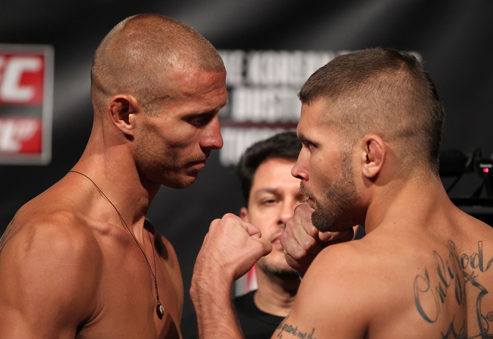 FAIRFAX, VA - MAY 14:  (L-R) Lightweight opponents Donald "Cowboy" Cerrone and Jeremy Stephens face off after weighing in during the UFC on Fuel TV official weigh in at Patriot Center on May 14, 2012 in Fairfax, Virginia.  (Photo by Josh Hedges/Zuffa LLC/Zuffa LLC via Getty Images)