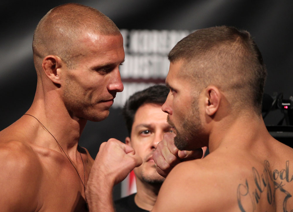 FAIRFAX, VA - MAY 14: (L-R) Lightweight opponents Donald "Cowboy" Cerrone and Jeremy Stephens face off after weighing in during the UFC on Fuel TV official weigh in at Patriot Center on May 14, 2012 in Fairfax, Virginia. (Photo by Josh Hedges/Zuffa LLC/Zuffa LLC via Getty Images)