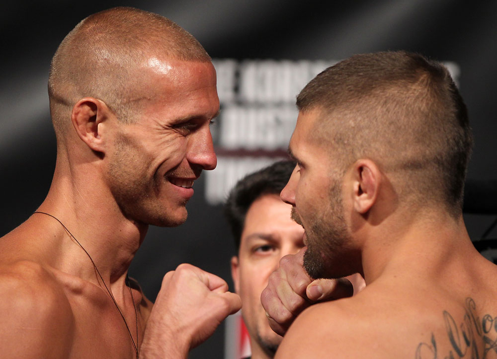 FAIRFAX, VA - MAY 14: (L-R) Lightweight opponents Donald "Cowboy" Cerrone and Jeremy Stephens face off after weighing in during the UFC on Fuel TV official weigh in at Patriot Center on May 14, 2012 in Fairfax, Virginia. (Photo by Josh Hedges/Zuffa LLC/Zuffa LLC via Getty Images)