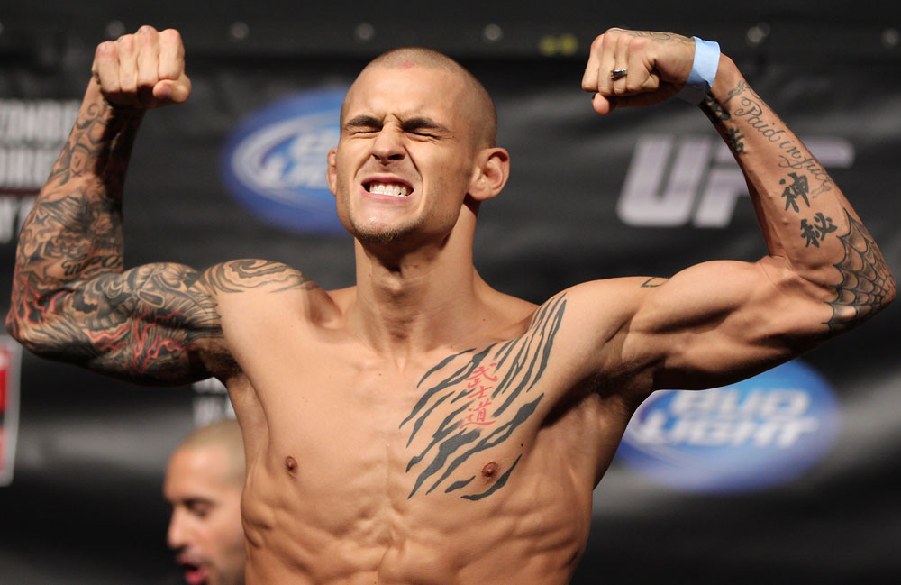 FAIRFAX, VA - MAY 14: Dustin Poirier makes weight during the UFC on Fuel TV official weigh in at Patriot Center on May 14, 2012 in Fairfax, Virginia. (Photo by Josh Hedges/Zuffa LLC/Zuffa LLC via Getty Images)