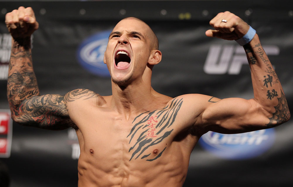 FAIRFAX, VA - MAY 14: Dustin Poirier makes weight during the UFC on Fuel TV official weigh in at Patriot Center on May 14, 2012 in Fairfax, Virginia. (Photo by Josh Hedges/Zuffa LLC/Zuffa LLC via Getty Images)