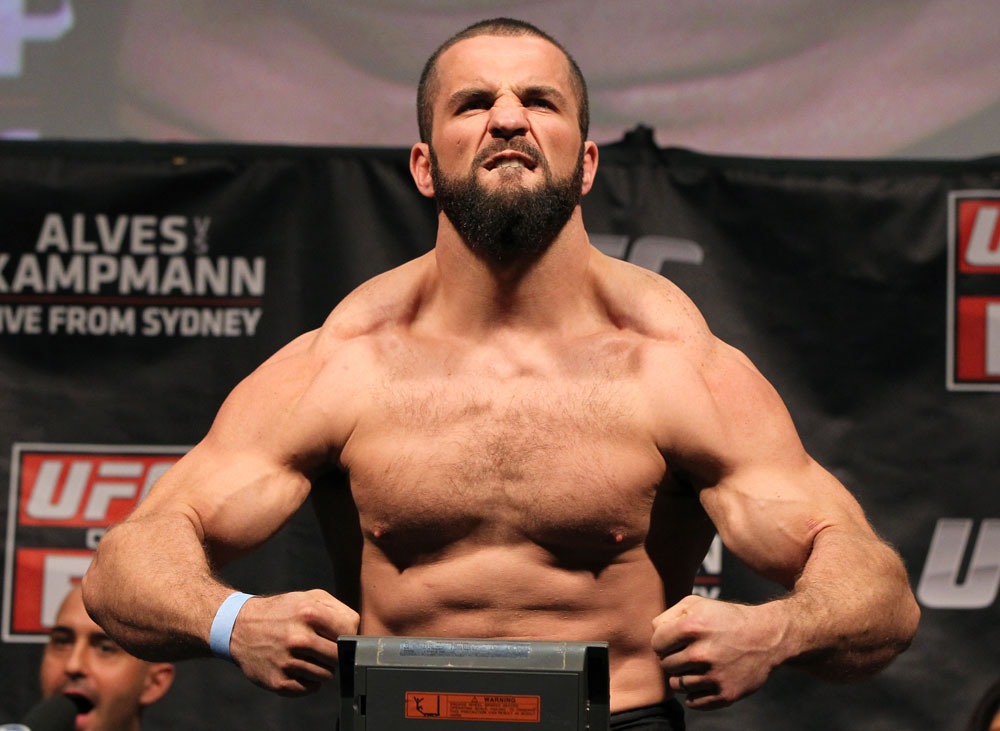 SYDNEY, AUSTRALIA - MARCH 02: Oli Thompson weighs in during the UFC on FX official weigh in at Allphones Arena on March 2, 2012 in Sydney, Australia. (Photo by Josh Hedges/Zuffa LLC/Zuffa LLC via Getty Images) *** Local Caption *** Oli Thompson
