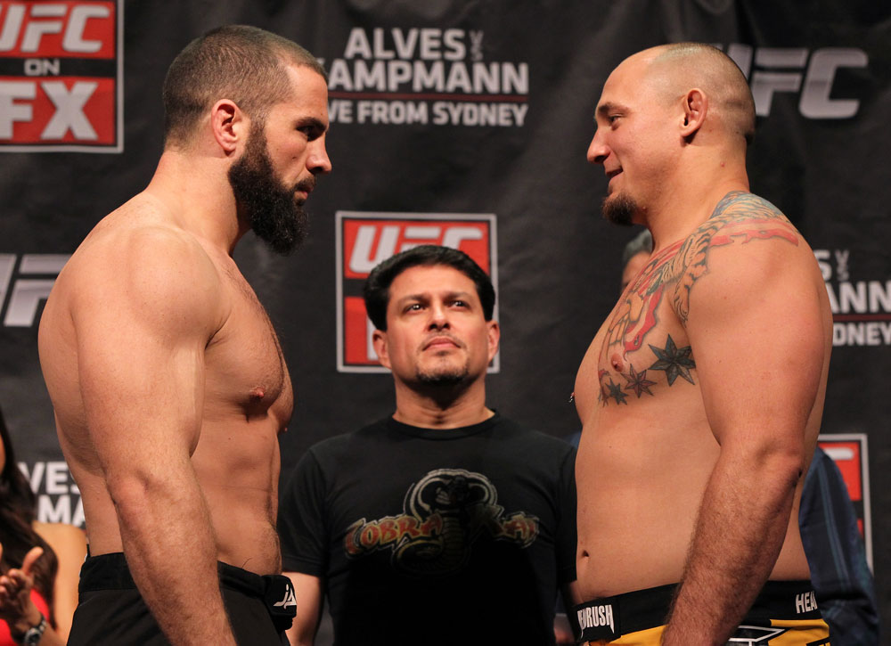 SYDNEY, AUSTRALIA - MARCH 02: (L-R) Heavyweight opponents Oli Thompson and Shawn Jordan face off after weighing in during the UFC on FX official weigh in at Allphones Arena on March 2, 2012 in Sydney, Australia. (Photo by Josh Hedges/Zuffa LLC/Zuffa LLC via Getty Images) *** Local Caption *** Oli Thompson; Shawn Jordan
