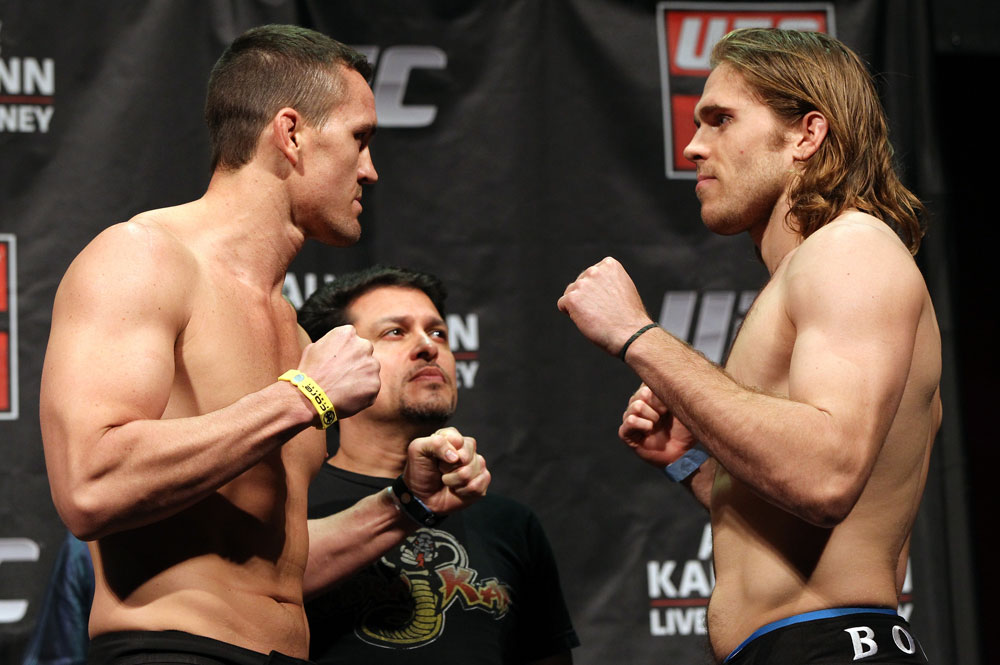 SYDNEY, AUSTRALIA - MARCH 02: (L-R) Middleweight opponents Kyle Noke and Andrew Craig face off after weighing in during the UFC on FX official weigh in at Allphones Arena on March 2, 2012 in Sydney, Australia. (Photo by Josh Hedges/Zuffa LLC/Zuffa LLC via Getty Images) *** Local Caption *** Kyle Noke; Andrew Craig