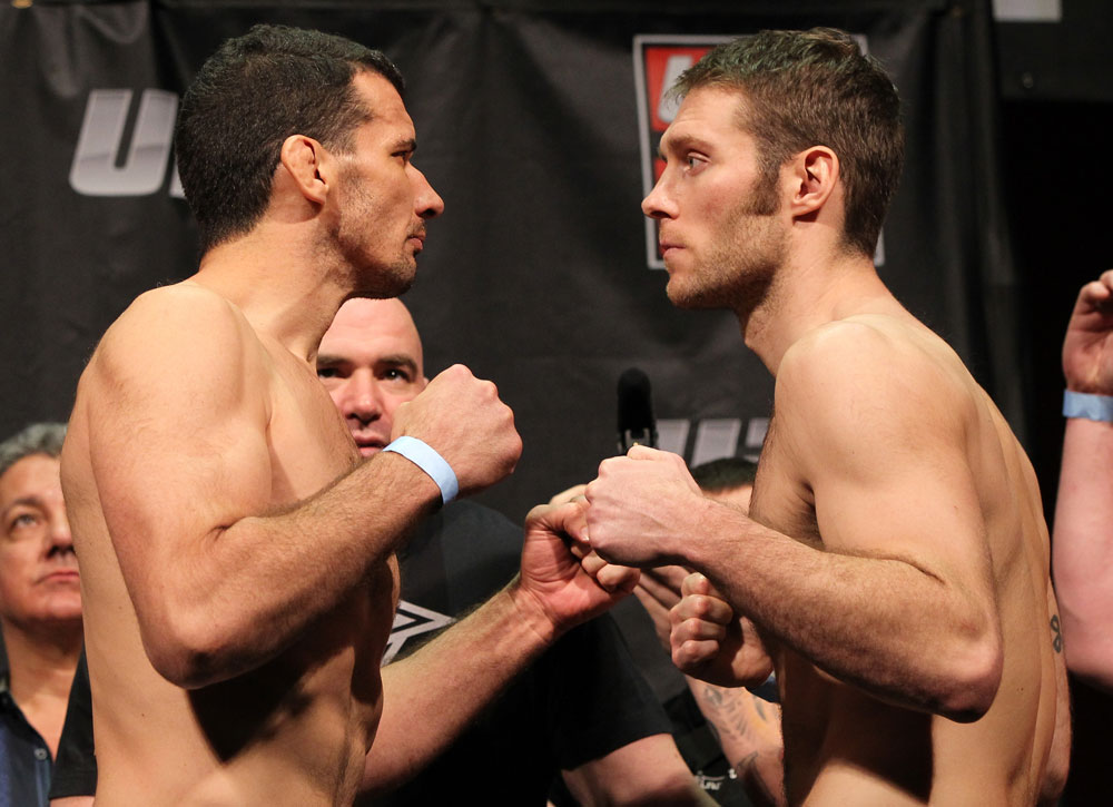 SYDNEY, AUSTRALIA - MARCH 02: (L-R) Light Heavyweight opponents Anthony Perosh and Nick Penner face off after weighing in during the UFC on FX official weigh in at Allphones Arena on March 2, 2012 in Sydney, Australia. (Photo by Josh Hedges/Zuffa LLC/Zuffa LLC via Getty Images) *** Local Caption *** Anthony Perosh; Nick Penner