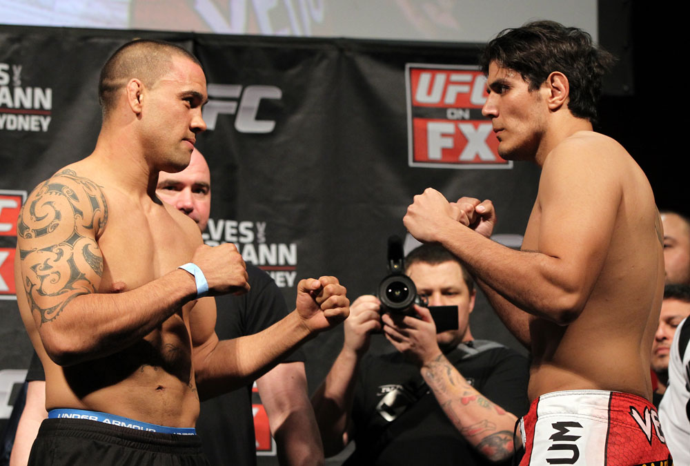 SYDNEY, AUSTRALIA - MARCH 02: (L-R) Light Heavyweight opponents James Te Huna and Aaron Rosa face off after weighing in during the UFC on FX official weigh in at Allphones Arena on March 2, 2012 in Sydney, Australia. (Photo by Josh Hedges/Zuffa LLC/Zuffa LLC via Getty Images) *** Local Caption *** James Te Huna; Aaron Rosa