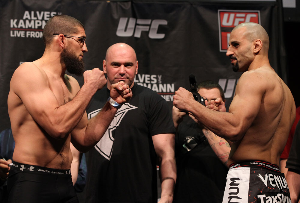 SYDNEY, AUSTRALIA - MARCH 02: (L-R) Middleweight opponents Court McGee and Constantinos Philippou face off after weighing in during the UFC on FX official weigh in at Allphones Arena on March 2, 2012 in Sydney, Australia. (Photo by Josh Hedges/Zuffa LLC/Zuffa LLC via Getty Images) *** Local Caption *** Court McGee; Constantinos Philippou