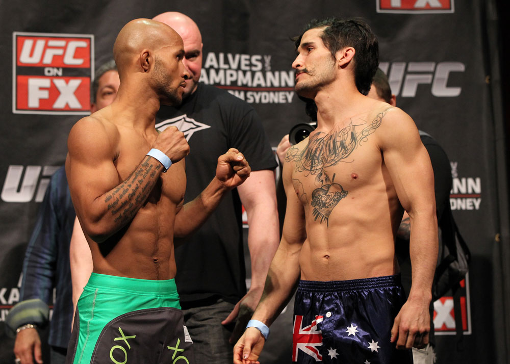 SYDNEY, AUSTRALIA - MARCH 02: (L-R) Flyweight opponents Demetrious Johnson and Ian McCall face off ater weighing in during the UFC on FX official weigh in at Allphones Arena on March 2, 2012 in Sydney, Australia. (Photo by Josh Hedges/Zuffa LLC/Zuffa LLC via Getty Images) *** Local Caption *** Demetrious Johnson; Ian McCall