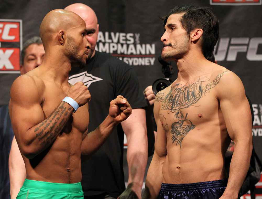SYDNEY, AUSTRALIA - MARCH 02: (L-R) Flyweight opponents Demetrious Johnson and Ian McCall face off ater weighing in during the UFC on FX official weigh in at Allphones Arena on March 2, 2012 in Sydney, Australia. (Photo by Josh Hedges/Zuffa LLC/Zuffa LLC via Getty Images) *** Local Caption *** Demetrious Johnson; Ian McCall