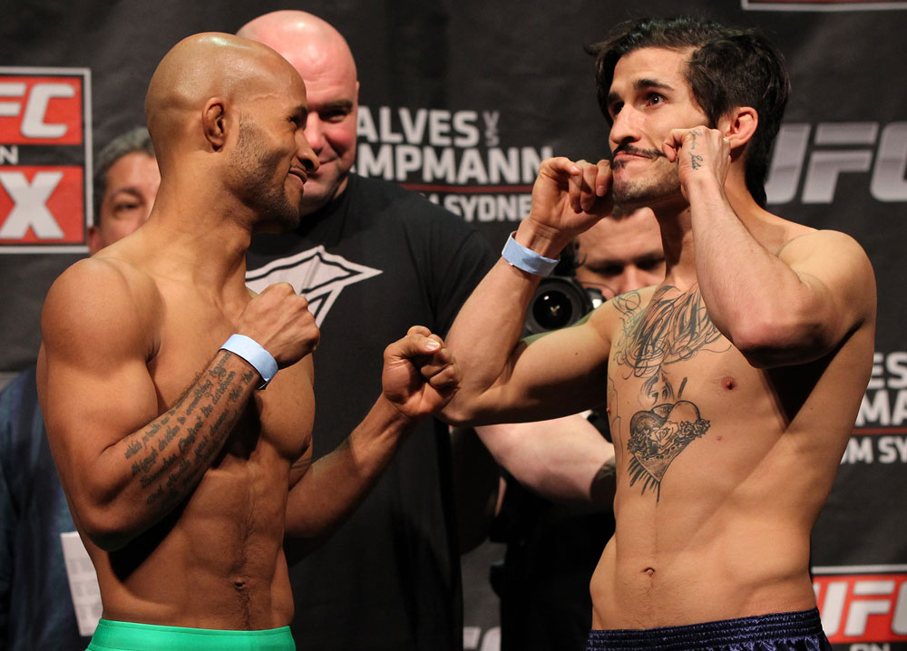 SYDNEY, AUSTRALIA - MARCH 02: (L-R) Flyweight opponents Demetrious Johnson and Ian McCall face off ater weighing in during the UFC on FX official weigh in at Allphones Arena on March 2, 2012 in Sydney, Australia. (Photo by Josh Hedges/Zuffa LLC/Zuffa LLC via Getty Images) *** Local Caption *** Demetrious Johnson; Ian McCall