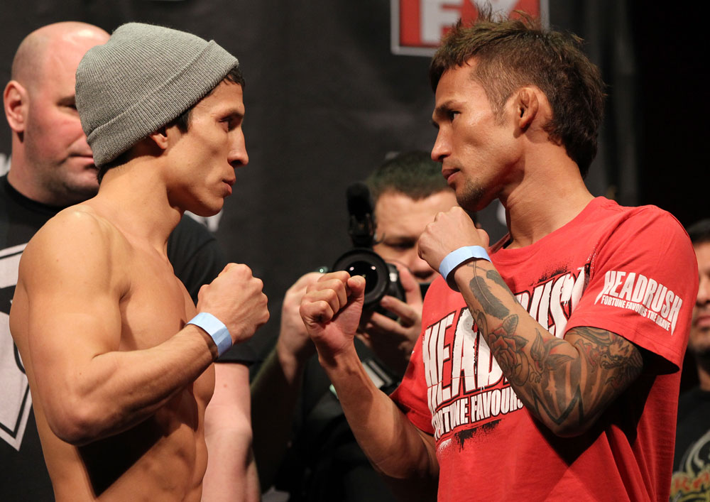 SYDNEY, AUSTRALIA - MARCH 02: (L-R) Opponents Joseph Benavidez and Yasuhiro Urushitani face off after weighing in during the UFC on FX official weigh in at Allphones Arena on March 2, 2012 in Sydney, Australia. (Photo by Josh Hedges/Zuffa LLC/Zuffa LLC via Getty Images) *** Local Caption *** Joseph Benavidez; Yasuhiro Urushitani