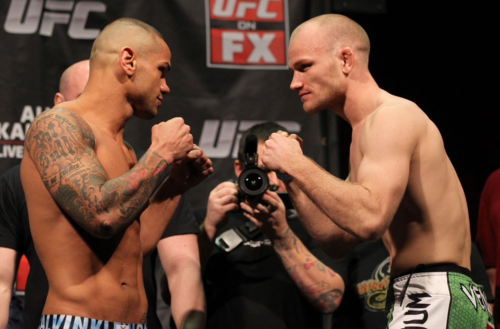 SYDNEY, AUSTRALIA - MARCH 02: (L-R) Welterweight opponents Thiago Alves and Martin Kampmann face off after weighing in during the UFC on FX official weigh in at Allphones Arena on March 2, 2012 in Sydney, Australia. (Photo by Josh Hedges/Zuffa LLC/Zuffa LLC via Getty Images) *** Local Caption *** Martin Kampmann; Thiago Alves