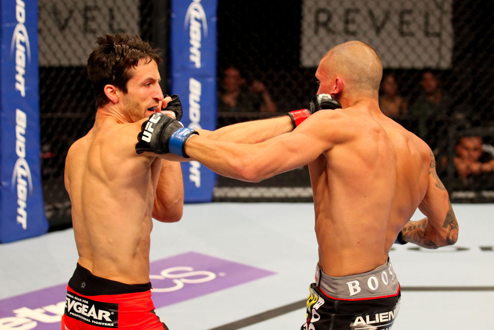 ATLANTIC CITY, NJ - JUNE 22:  Ken Stone (L) and Dustin Pague (R) exchange punches in a bantamweight bout during UFC on FX 4 at Revel Casino on June 22, 2012 in Atlantic City, New Jersey.  (Photo by Nick Laham/Zuffa LLC/Zuffa LLC)