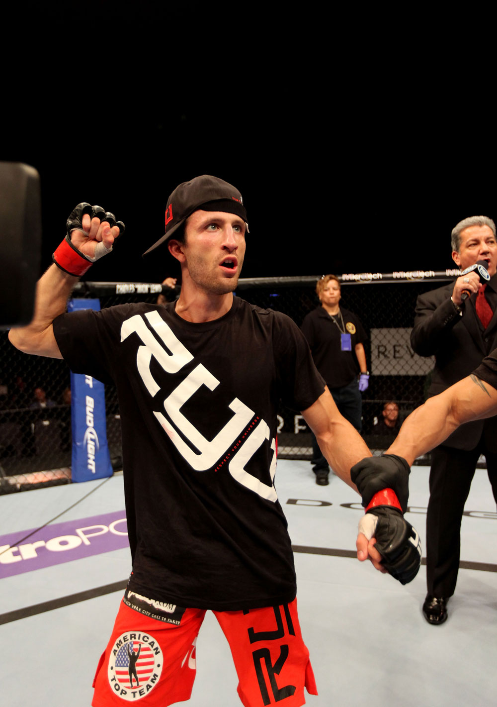 ATLANTIC CITY, NJ - JUNE 22: Ken Stone (L) celebrates his win by split decision over Dustin Pague (not pictured) in a bantamweight bout during UFC on FX 4 at Revel Casino on June 22, 2012 in Atlantic City, New Jersey.  (Photo by Nick Laham/Zuffa LLC/Zuffa LLC)