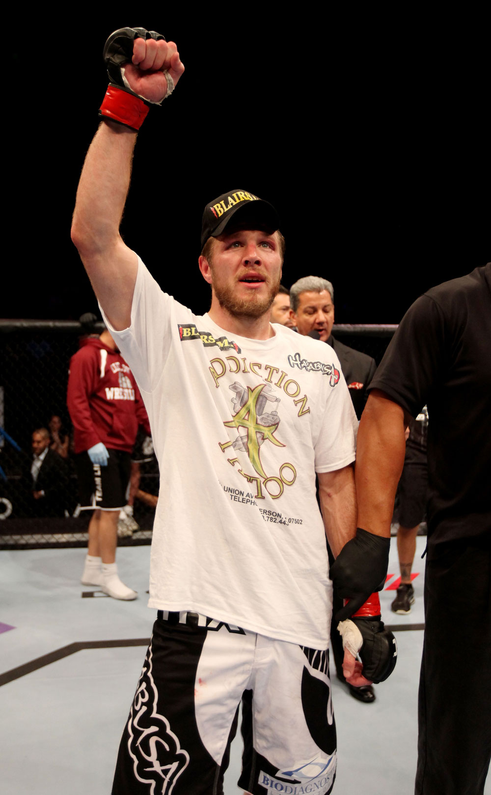 ATLANTIC CITY, NJ - JUNE 22:  Dan Miller celebrates his submission by guillotine choke to win over Ricardo Funch (not pictured) in a welterweight bout during UFC on FX 4 at Revel Casino on June 22, 2012 in Atlantic City, New Jersey.  (Photo by Nick Laham/Zuffa LLC/Zuffa LLC)