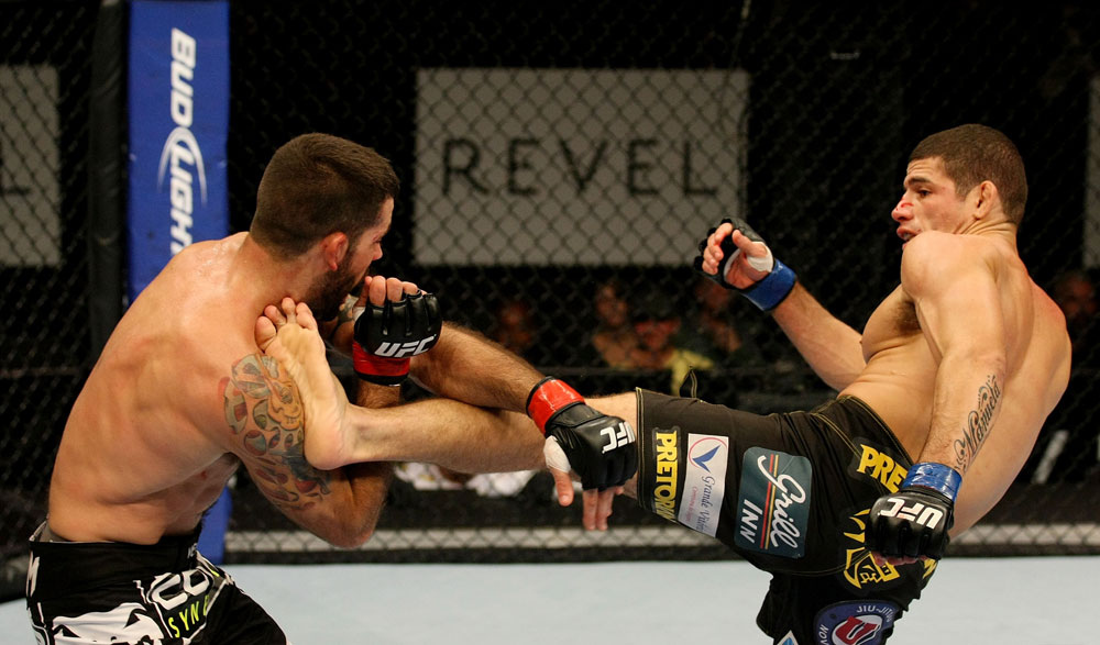 ATLANTIC CITY, NJ - JUNE 22: Luis Ramos (R) throws a kick at Matt Brown (L) in a welterweight bout during UFC on FX 4 at Revel Casino on June 22, 2012 in Atlantic City, New Jersey.  (Photo by Nick Laham/Zuffa LLC/Zuffa LLC)
