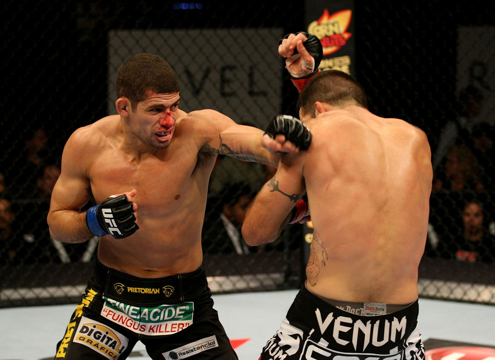 ATLANTIC CITY, NJ - JUNE 22:  Luis Ramos (L) throws a punch at Matt Brown (R) in a welterweight bout during UFC on FX 4 at Revel Casino on June 22, 2012 in Atlantic City, New Jersey.  (Photo by Nick Laham/Zuffa LLC/Zuffa LLC)