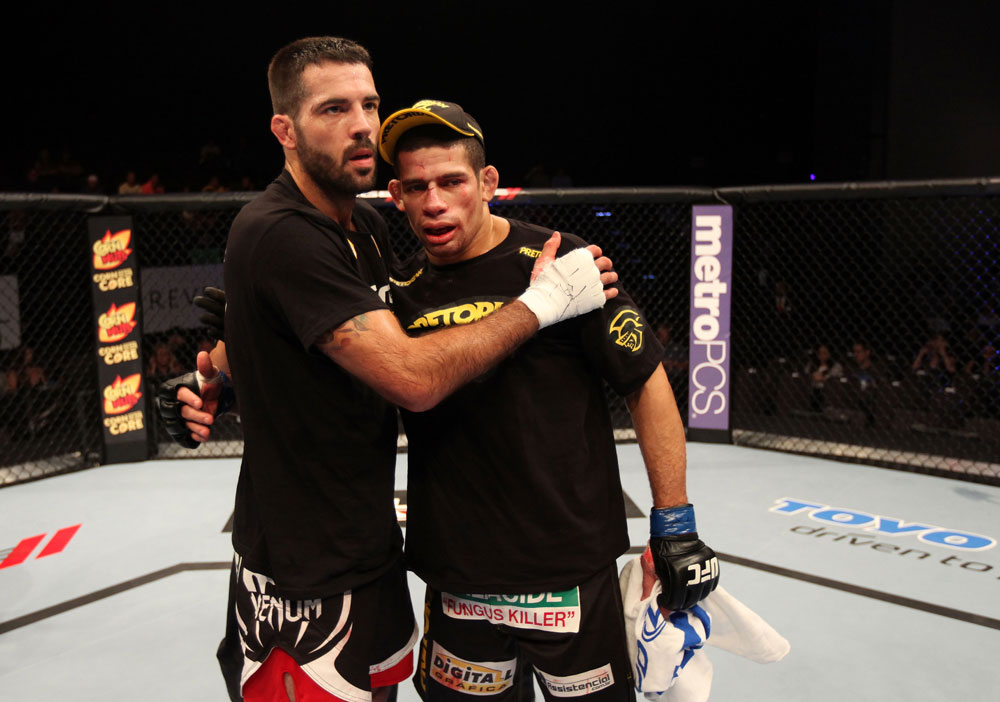 ATLANTIC CITY, NJ - JUNE 22:  Matt Brown (L) is congratulated on his win by TKO (knees and punches) by Luis Ramos (R) in a welterweight bout during UFC on FX 4 at Revel Casino on June 22, 2012 in Atlantic City, New Jersey.  (Photo by Nick Laham/Zuffa LLC/Zuffa LLC)