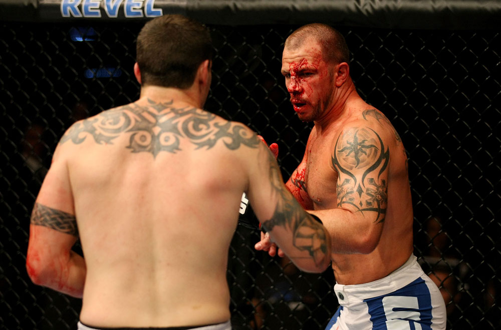 ATLANTIC CITY, NJ - JUNE 22:  Nick Catone (R) battles against Chris Camozzi (L) in a middleweight bout during UFC on FX 4 at Revel Casino on June 22, 2012 in Atlantic City, New Jersey.  (Photo by Nick Laham/Zuffa LLC/Zuffa LLC)