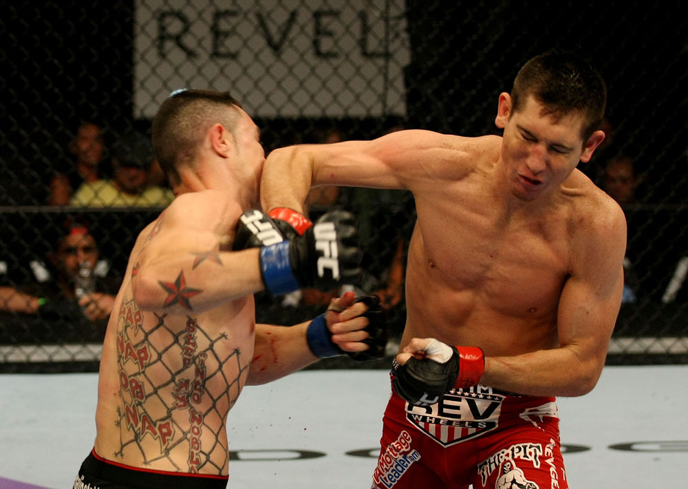 ATLANTIC CITY, NJ - JUNE 22: Steven Siler (R) throws an elbow to the face of Joe Gambino (L) in a featherweight bout during UFC on FX 4 at Revel Casino on June 22, 2012 in Atlantic City, New Jersey.  (Photo by Nick Laham/Zuffa LLC/Zuffa LLC)