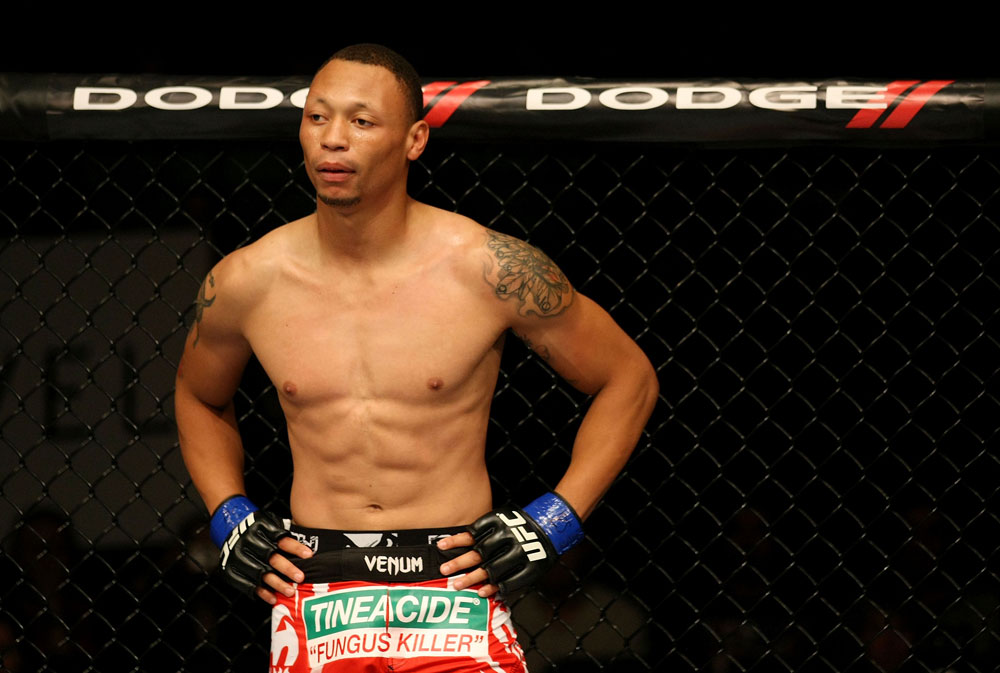 ATLANTIC CITY, NJ - JUNE 22:  C.J. Keith looks on during his lightweight bout against Ramsey Nijem (not pictured) during UFC on FX 4 at Revel Casino on June 22, 2012 in Atlantic City, New Jersey.  (Photo by Nick Laham/Zuffa LLC/Zuffa LLC)