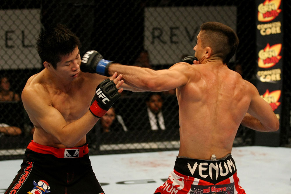 ATLANTIC CITY, NJ - JUNE 22:  Ricardo Lamas (R) punches Hatsu Hioki (L) in a featherweight bout during UFC on FX 4 at Revel Casino on June 22, 2012 in Atlantic City, New Jersey.  (Photo by Nick Laham/Zuffa LLC/Zuffa LLC)