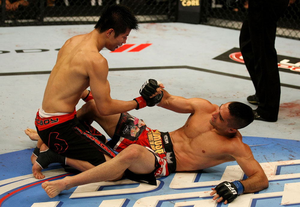 ATLANTIC CITY, NJ - JUNE 22: Hatsu Hioki (L) gives a hand to Ricardo Lamas (R) after the third round of their featherweight bout during UFC on FX 4 at Revel Casino on June 22, 2012 in Atlantic City, New Jersey.  (Photo by Nick Laham/Zuffa LLC/Zuffa LLC)