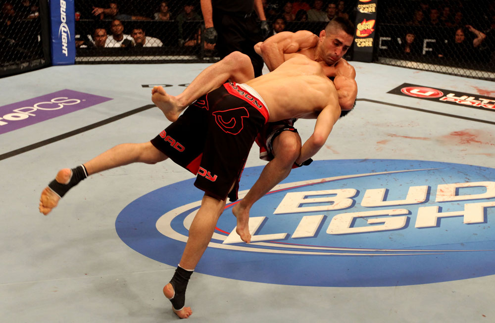 ATLANTIC CITY, NJ - JUNE 22: Hatsu Hioki (T) takes down Ricardo Lamas (B) in a featherweight bout during UFC on FX 4 at Revel Casino on June 22, 2012 in Atlantic City, New Jersey.  (Photo by Nick Laham/Zuffa LLC/Zuffa LLC)