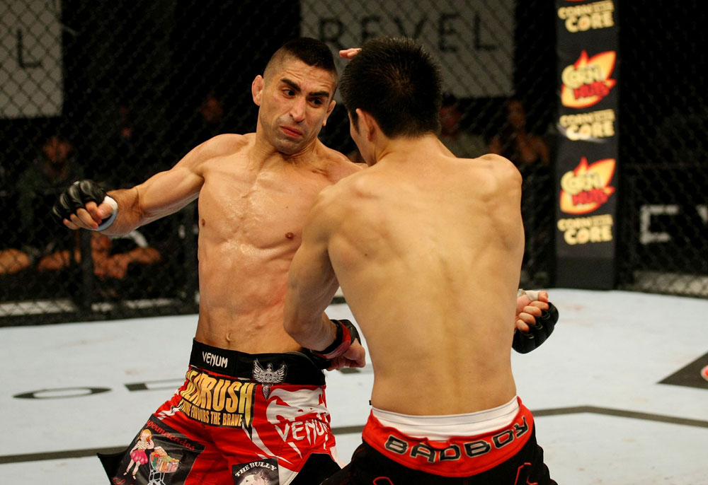 ATLANTIC CITY, NJ - JUNE 22: Ricardo Lamas (L) punches Hatsu Hioki (R) in a featherweight bout during UFC on FX 4 at Revel Casino on June 22, 2012 in Atlantic City, New Jersey.  (Photo by Nick Laham/Zuffa LLC/Zuffa LLC)