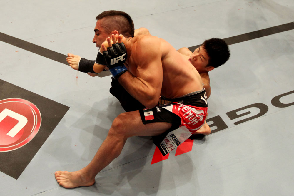 ATLANTIC CITY, NJ - JUNE 22:  Hatsu Hioki (B) grapples against Ricardo Lamas (T) in a featherweight bout during UFC on FX 4 at Revel Casino on June 22, 2012 in Atlantic City, New Jersey.  (Photo by Nick Laham/Zuffa LLC/Zuffa LLC)