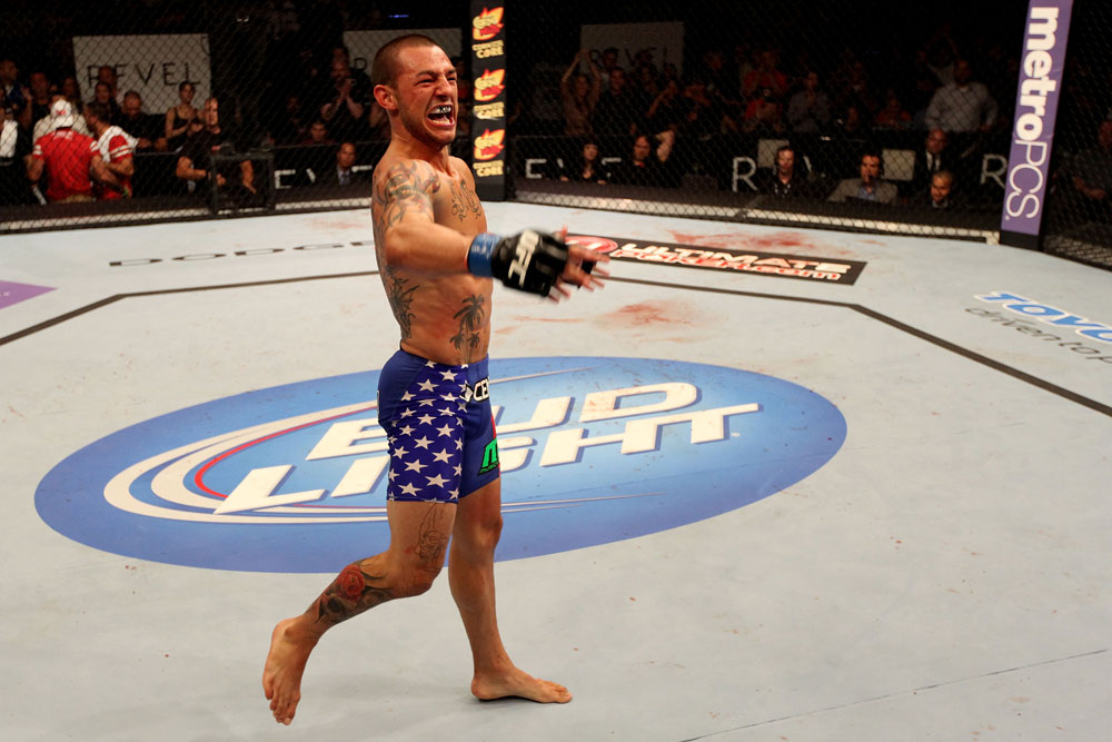 ATLANTIC CITY, NJ - JUNE 22:  Cub Swanson celebrates his win by TKO against Ross Pearson (not pictured) in a featherweight bout during UFC on FX 4 at Revel Casino on June 22, 2012 in Atlantic City, New Jersey.  (Photo by Nick Laham/Zuffa LLC/Zuffa LLC)