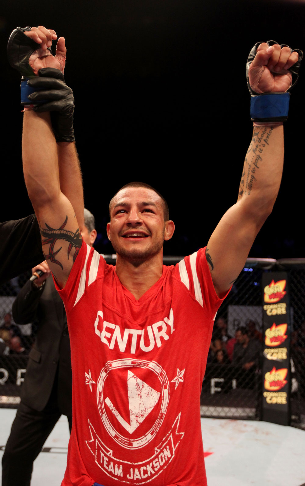 ATLANTIC CITY, NJ - JUNE 22:  Cub Swanson celebrates his win by TKO against Ross Pearson (not pictured) in a featherweight bout during UFC on FX 4 at Revel Casino on June 22, 2012 in Atlantic City, New Jersey.  (Photo by Nick Laham/Zuffa LLC/Zuffa LLC)