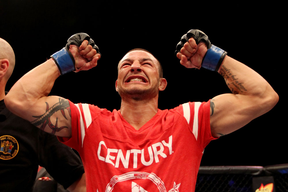 ATLANTIC CITY, NJ - JUNE 22:  Cub Swanson celebrates his win by TKO against Ross Pearson (not pictured) in a featherweight bout during UFC on FX 4 at Revel Casino on June 22, 2012 in Atlantic City, New Jersey.  (Photo by Nick Laham/Zuffa LLC/Zuffa LLC)