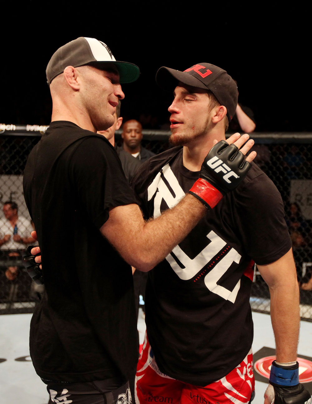 ATLANTIC CITY, NJ - JUNE 22:  (L-R) Brian Ebersole is congratulated on his win by unanimous decision by T.J. Waldburger after their welterweight bout during UFC on FX 4 at Revel Casino on June 22, 2012 in Atlantic City, New Jersey.  (Photo by Nick Laham/Zuffa LLC/Zuffa LLC)