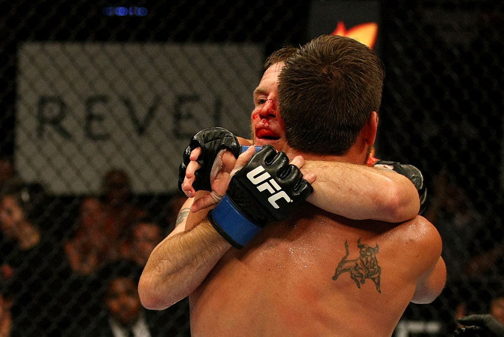 ATLANTIC CITY, NJ - JUNE 22:  (L-R) Spencer Fisher and Sam Stout show camaraderie after their lightweight bout during UFC on FX 4 at Revel Casino on June 22, 2012 in Atlantic City, New Jersey.  Stout won by unanimous decision. (Photo by Nick Laham/Zuffa LLC/Zuffa LLC)