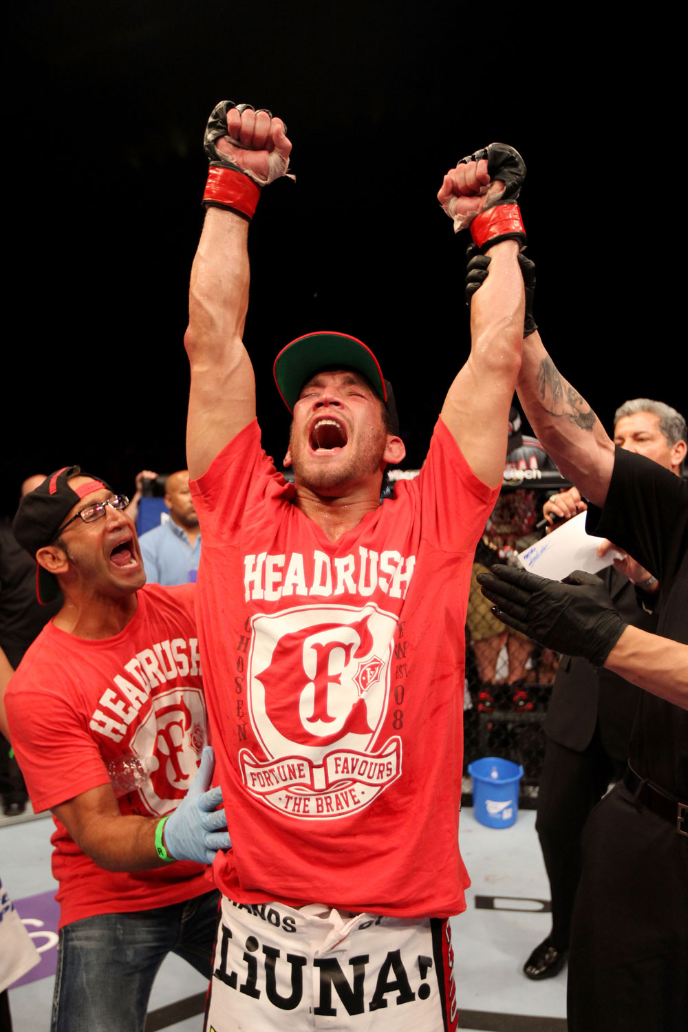 ATLANTIC CITY, NJ - JUNE 22:  Sam Stout celebrates his win by unanimous decision over Spencer Fisher (not pictured)  in their lightweight bout during UFC on FX 4 at Revel Casino on June 22, 2012 in Atlantic City, New Jersey.  (Photo by Nick Laham/Zuffa LLC/Zuffa LLC)