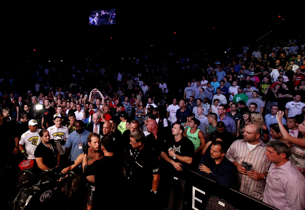 ATLANTIC CITY, NJ - JUNE 22:  Gray Maynard (L) prepares to enter the octagon before the main event lightweight bout against Clay Guida (not pictured) during UFC on FX 4 at Revel Casino on June 22, 2012 in Atlantic City, New Jersey.  (Photo by Nick Laham/Zuffa LLC/Zuffa LLC)